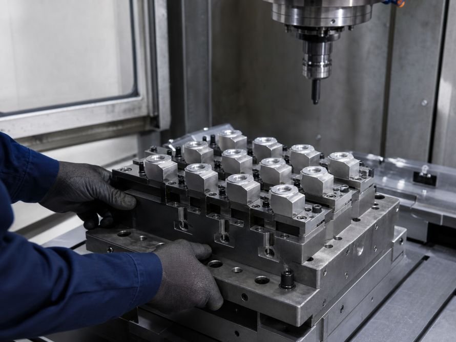 Multi-part CNC fixture for efficient repeat production of precision metal components