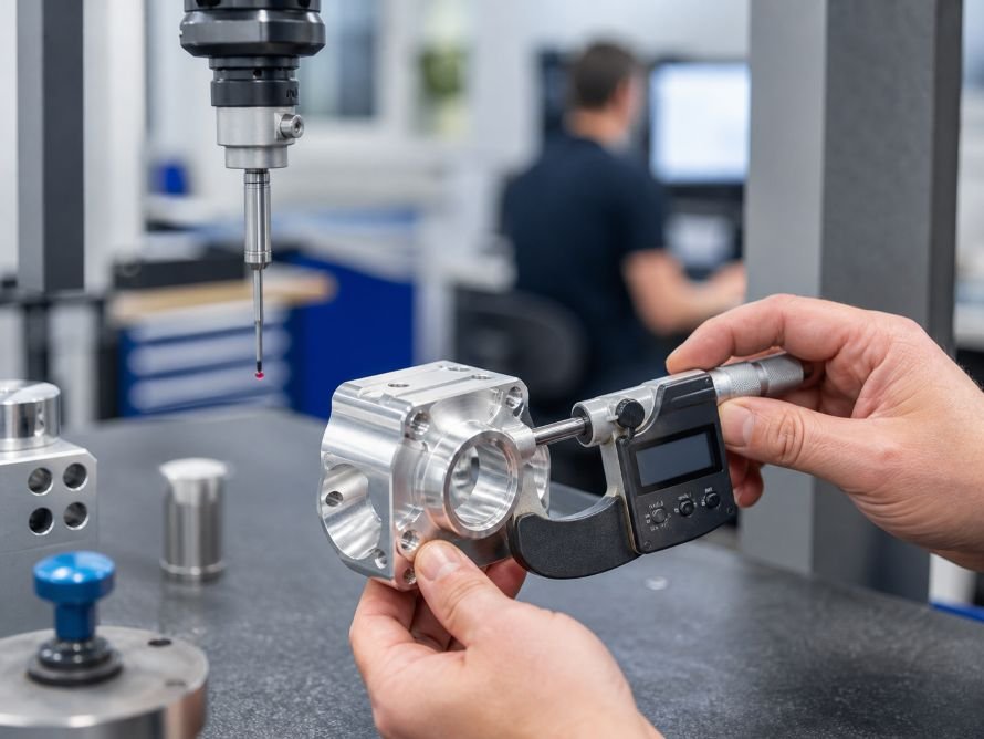 Quality inspection of a CNC machined metal component with precision measuring tools