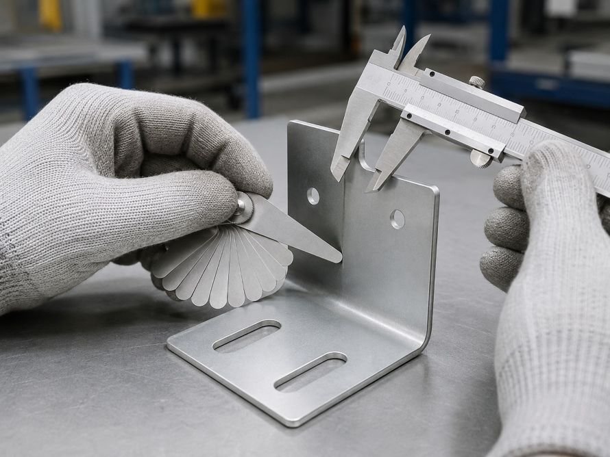 Inspector checking the bend radius of a formed sheet-metal bracket with a radius gauge
