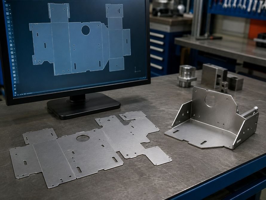 CAD flat pattern, laser-cut blank, and formed sheet-metal bracket