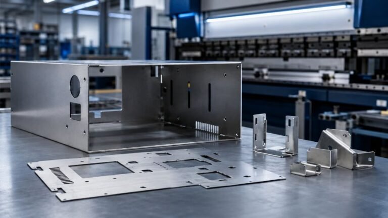 Sheet metal fabrication showing laser-cut blanks, formed enclosure panels and precision brackets