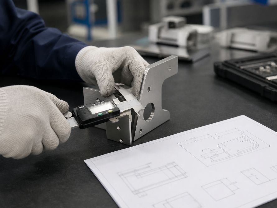 Inspector measuring a formed sheet metal bracket during quality inspection